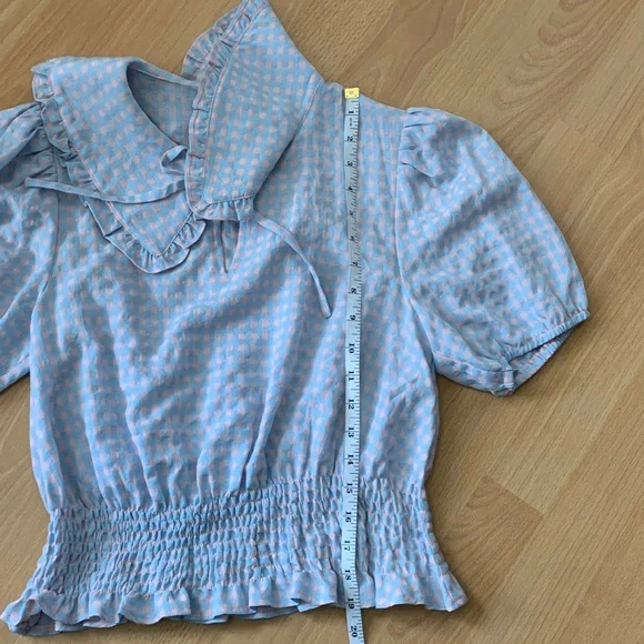 Greylin Blue and Pink Gingham Checkered Smocked Blouse Top Size S - Picture 12 of 14